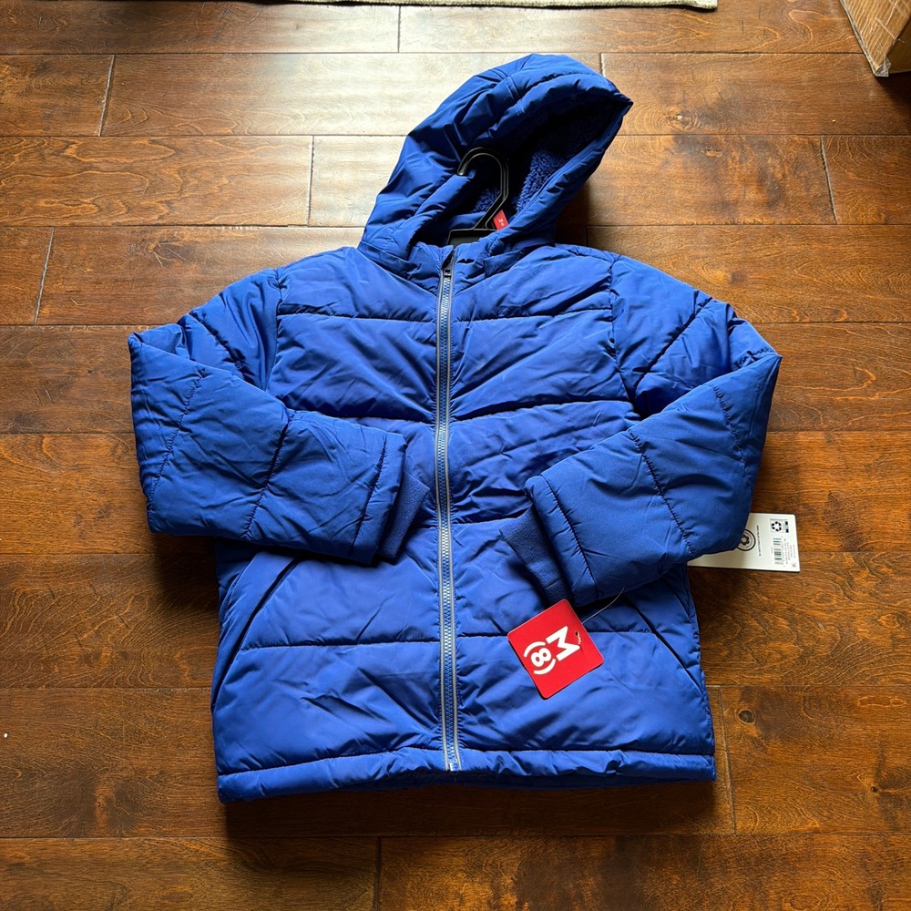 Members Mark Boys Blue Puffer Jacket Removable Hood Sherpa Lined Medium 8 NEW